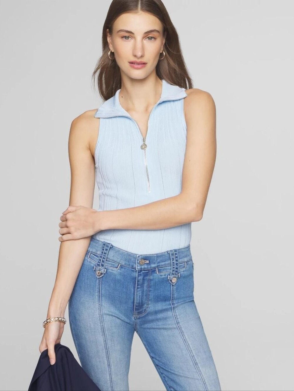 Half Zip Ribbed Halter Tank Top in Blue Size XS | White House Black Market